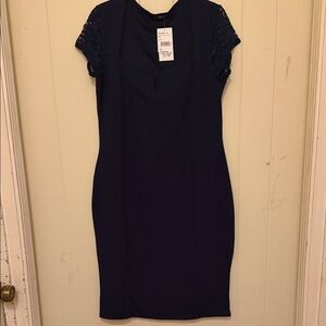 Elegant Navy Dress with Lace Accents